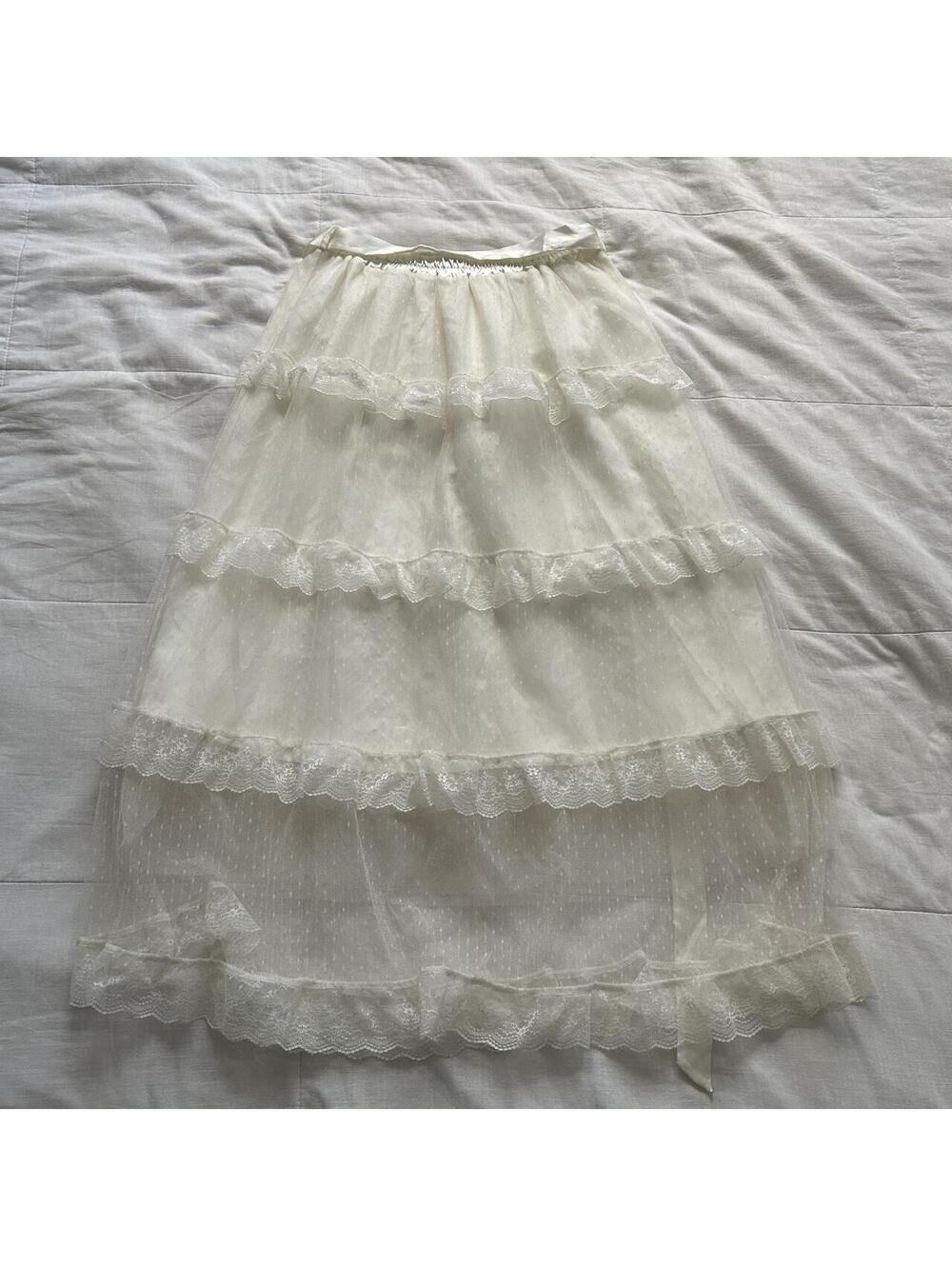 Axes Femme Ivory White Sheer Lace Tiered Tulle Midi Skirt Ruffles Size M Japan